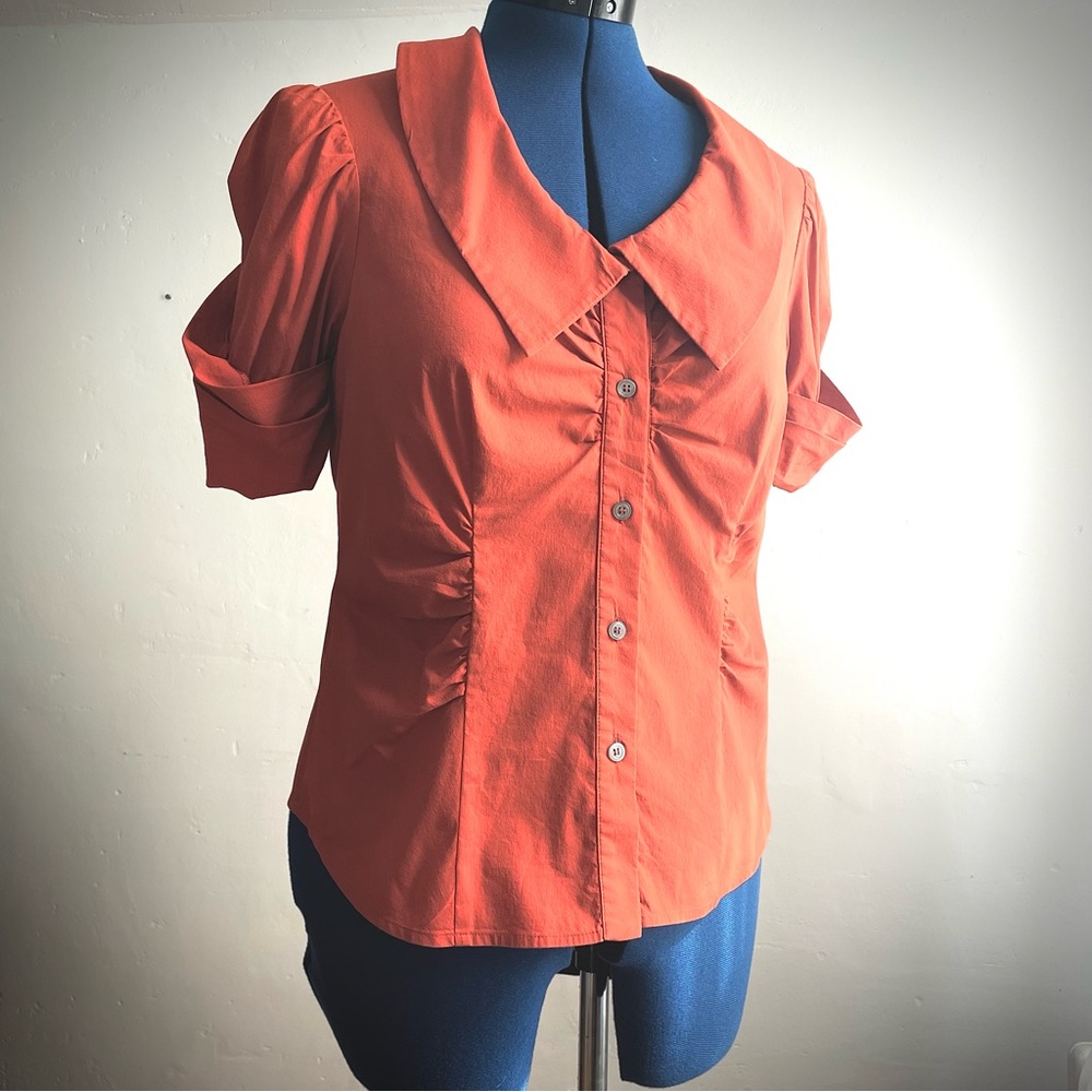Vintage Y2k Fitted and Ruched Rust Orange Button Down Blouse